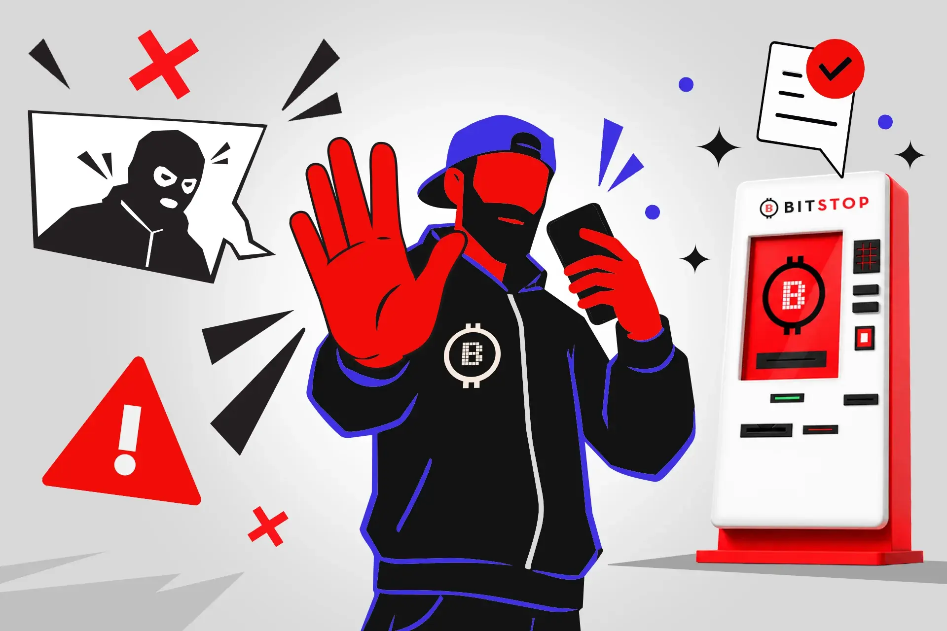 Illustration of a person on the phone holding up a hand to stop a masked scammer, next to a Bitstop ATM with a verified checkmark and a red warning sign