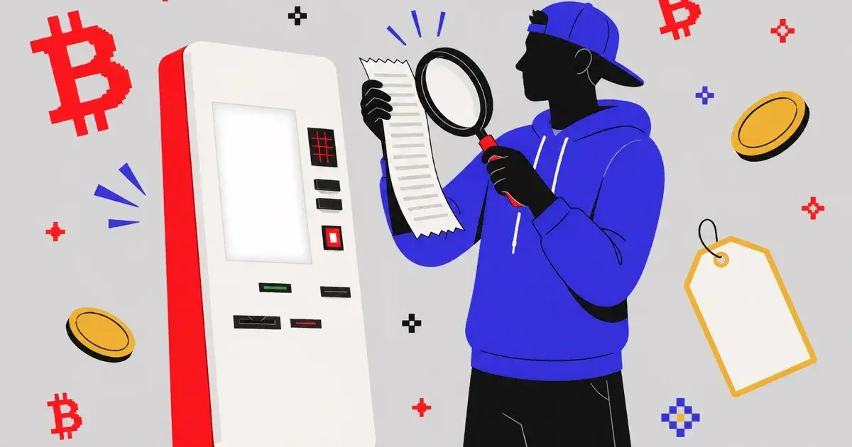 Illustration of a customer reviewing a Bitstop Bitcoin ATM receipt with a magnifying glass, showing transparent fees