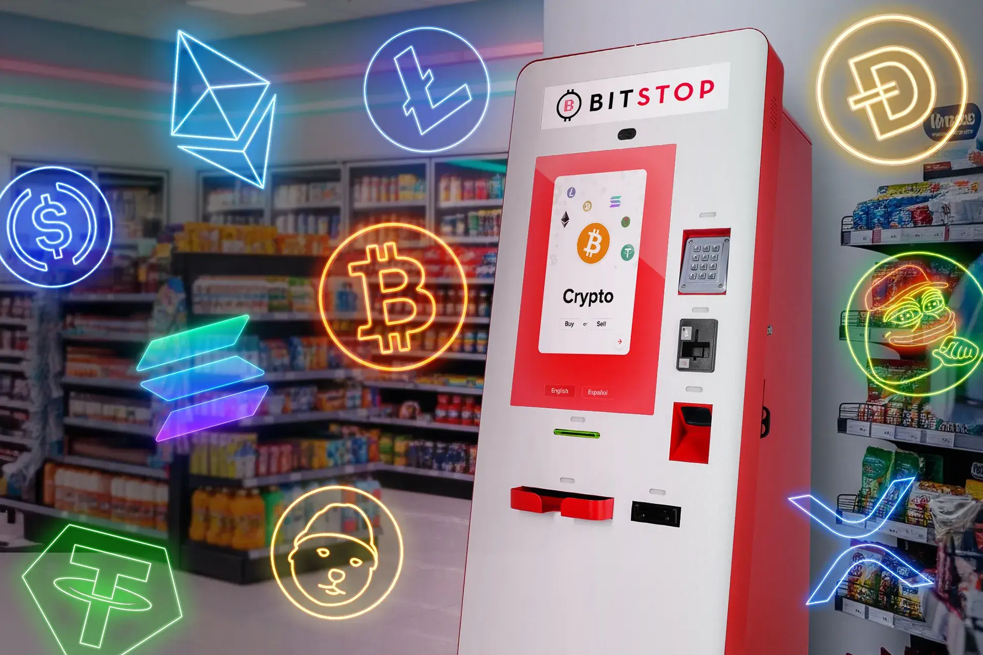 Bitstop crypto ATM inside a convenience store, surrounded by icons of supported cryptocurrencies including Bitcoin, Ethereum, Dogecoin, USDC, Solana, XRP, Litecoin, PEPE, and WIF.