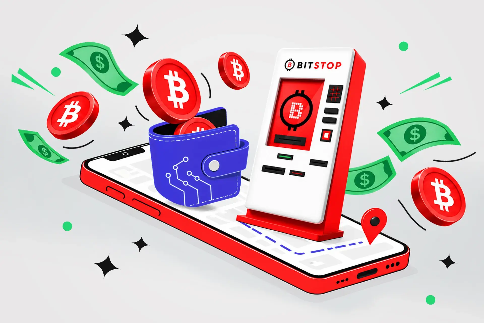 Illustration of a Bitstop ATM on a phone map beside a crypto wallet filling with Bitcoin coins, surrounded by flying dollar bills