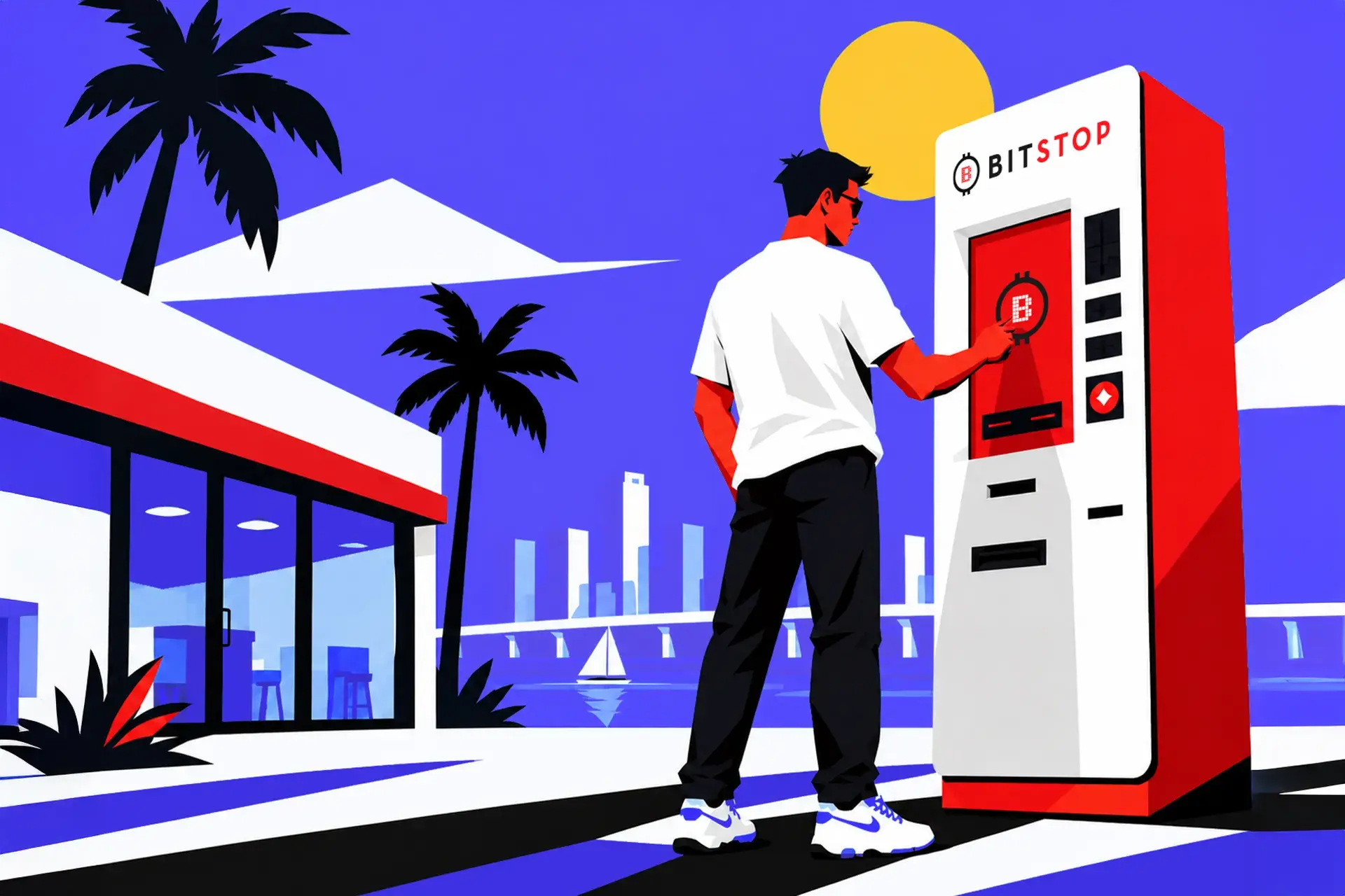 Illustration of a customer tapping the screen of a red and white Bitstop ATM outside a palm-lined storefront by the water