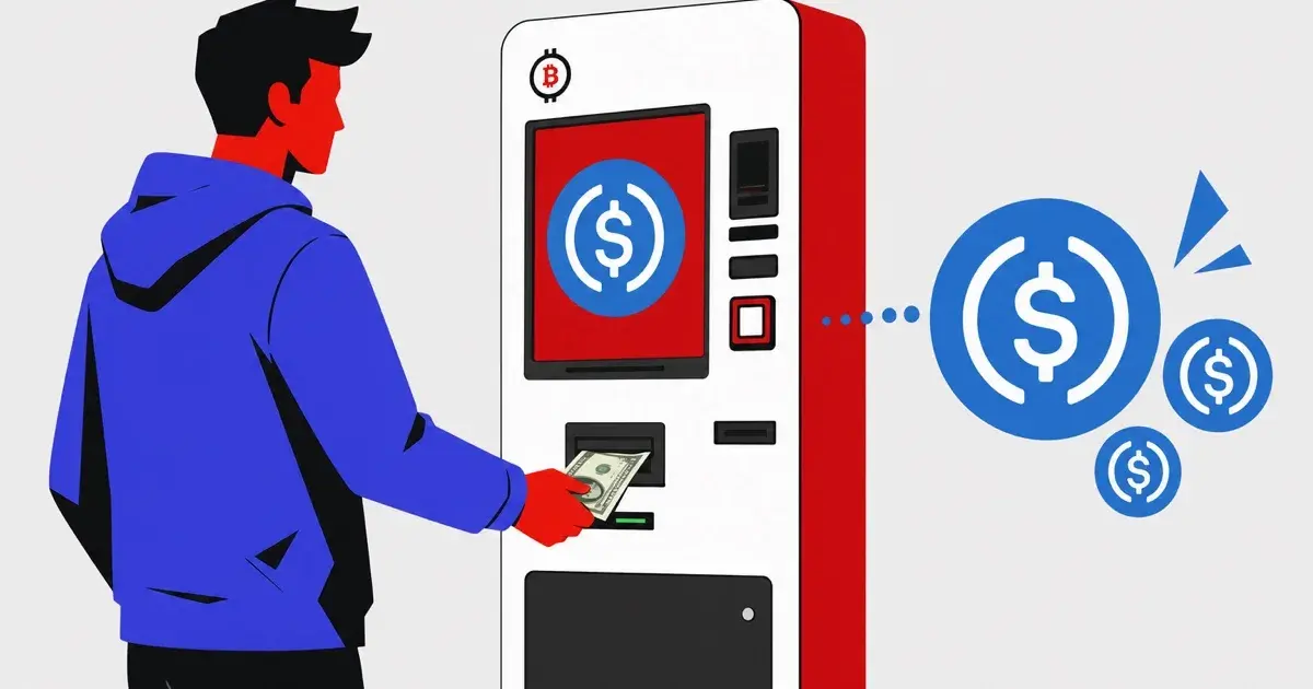 Illustration of a customer inserting cash into a Bitstop ATM and receiving USDC digital dollars in their wallet
