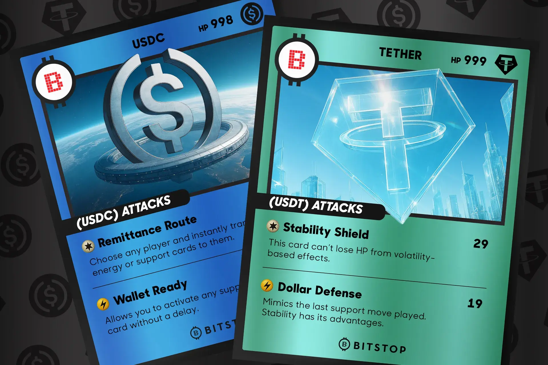 USDC and USDT trading card designs comparing stablecoin features at Bitstop Bitcoin & Crypto ATMs