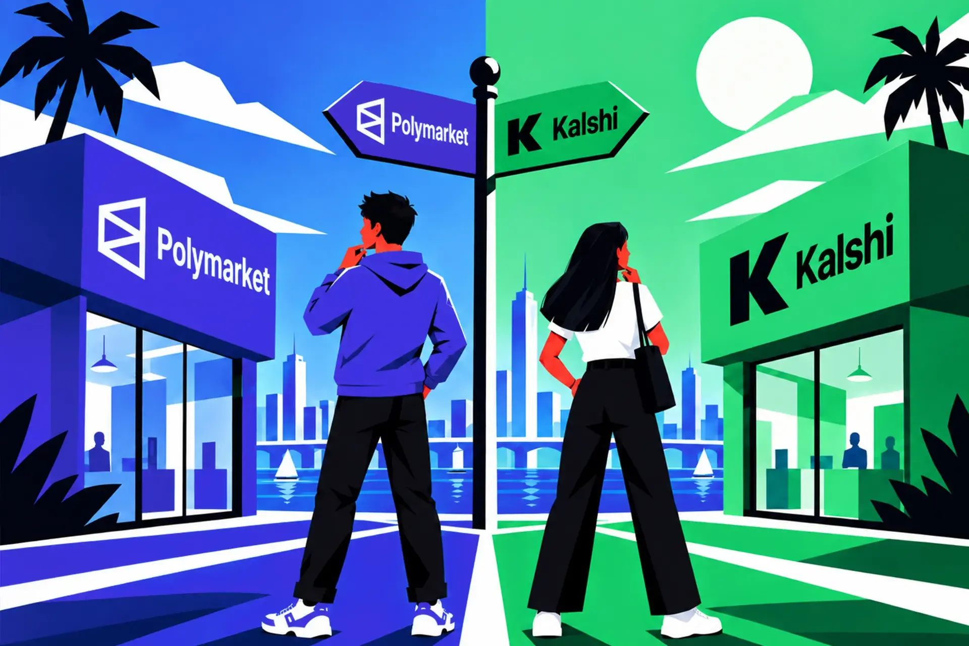 Illustration of two people at a street sign pointing toward Polymarket and Kalshi storefronts