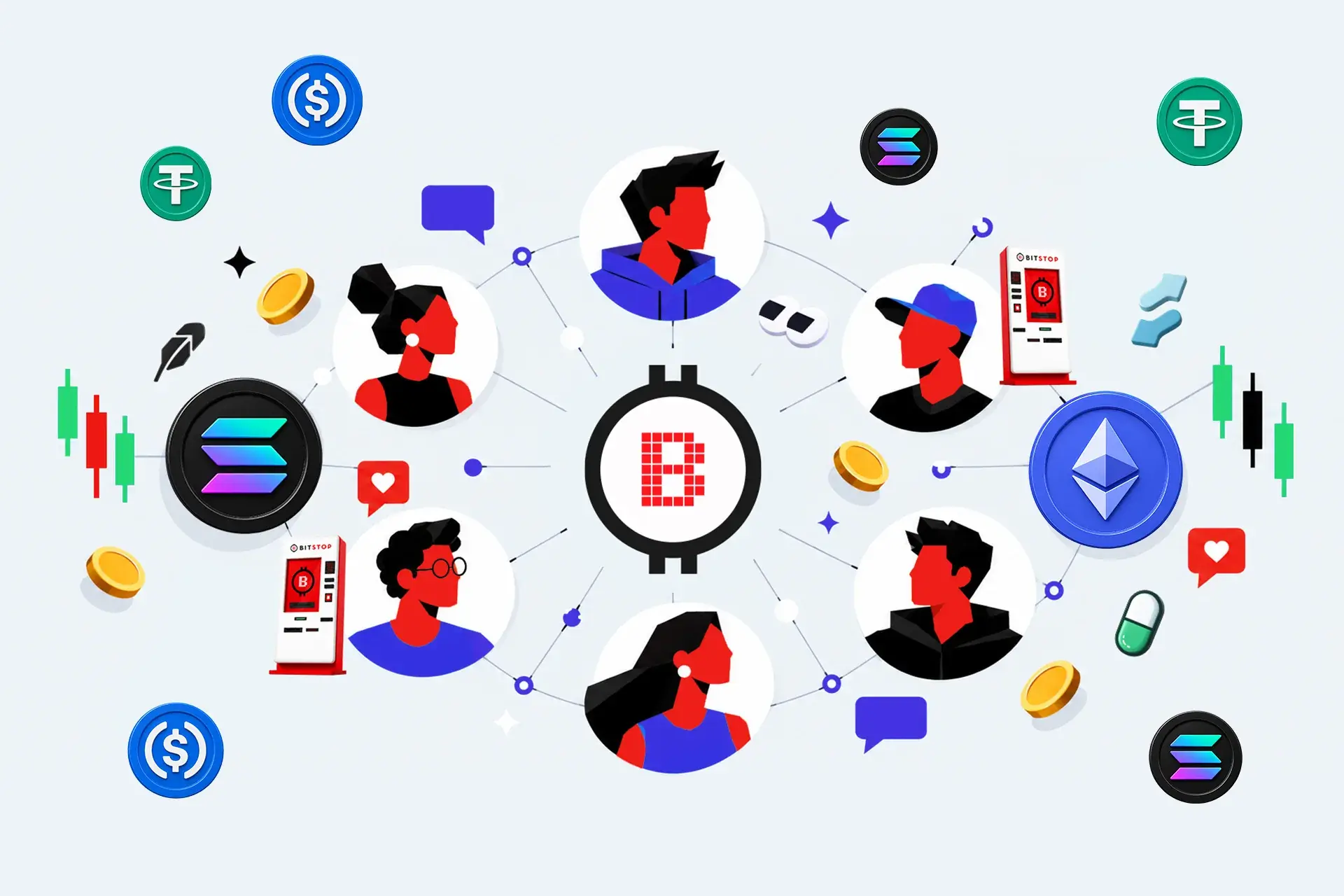 Illustration of a network of crypto traders connected around the Bitstop logo, with Solana, Ethereum, USDC, and Tether coins, Bitstop ATMs, and price charts