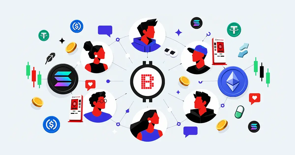 Illustration of a network of crypto traders connected around the Bitstop logo, with Solana, Ethereum, USDC, and Tether coins, Bitstop ATMs, and price charts