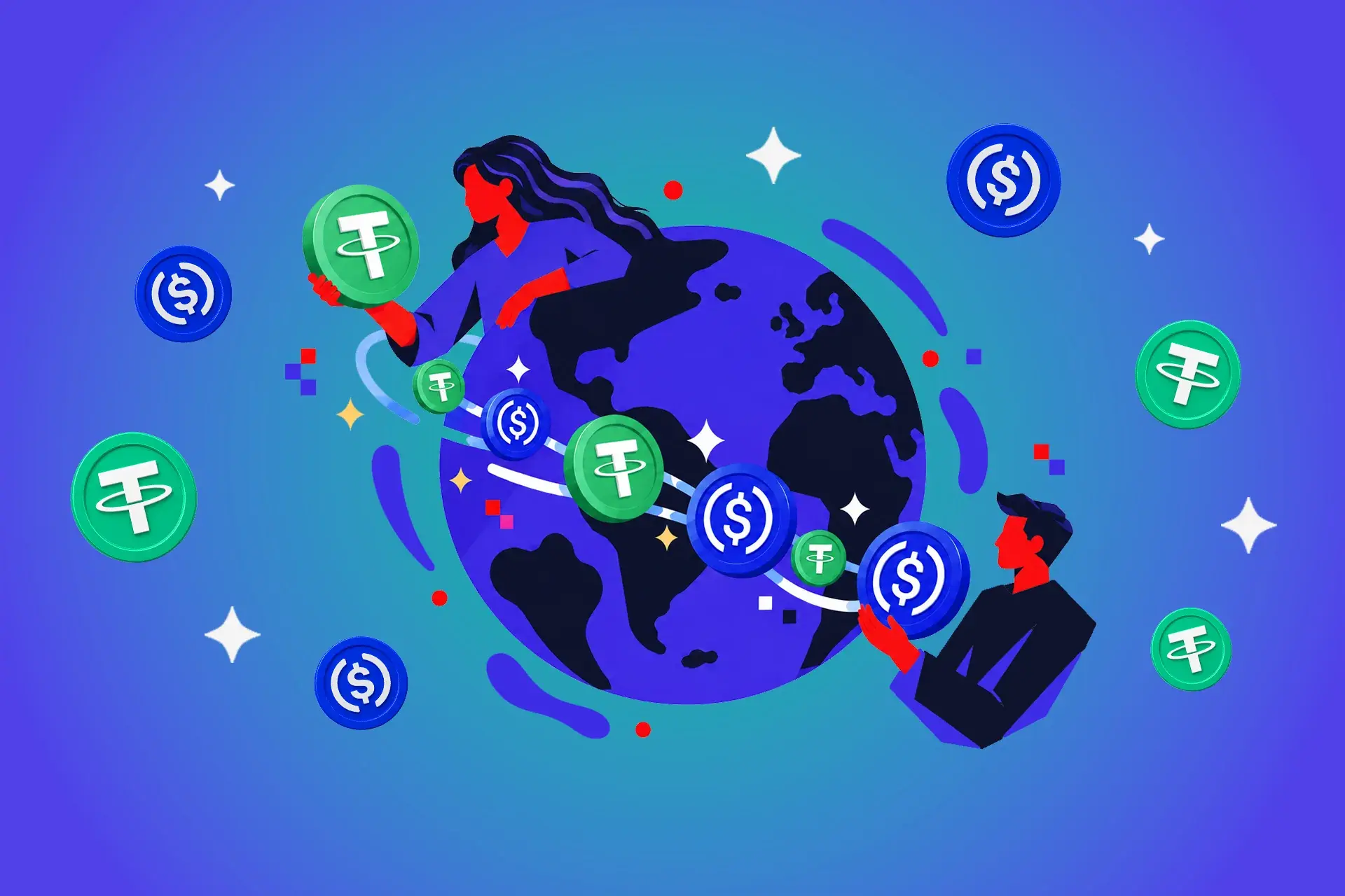 Illustration of two people passing USDC and Tether coins to each other across a globe