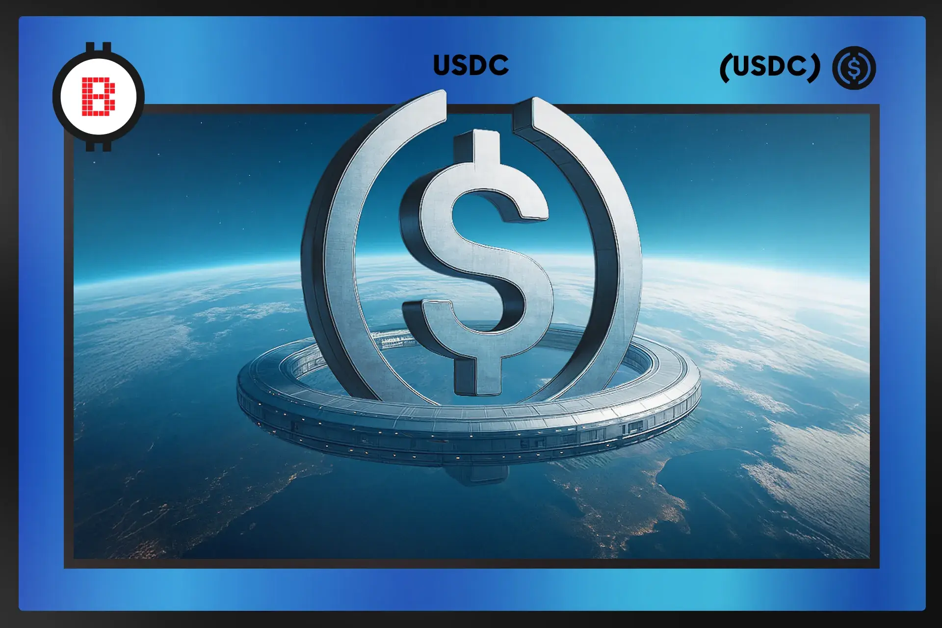 Bitstop card for USDC: a steel USDC logo orbiting above Earth