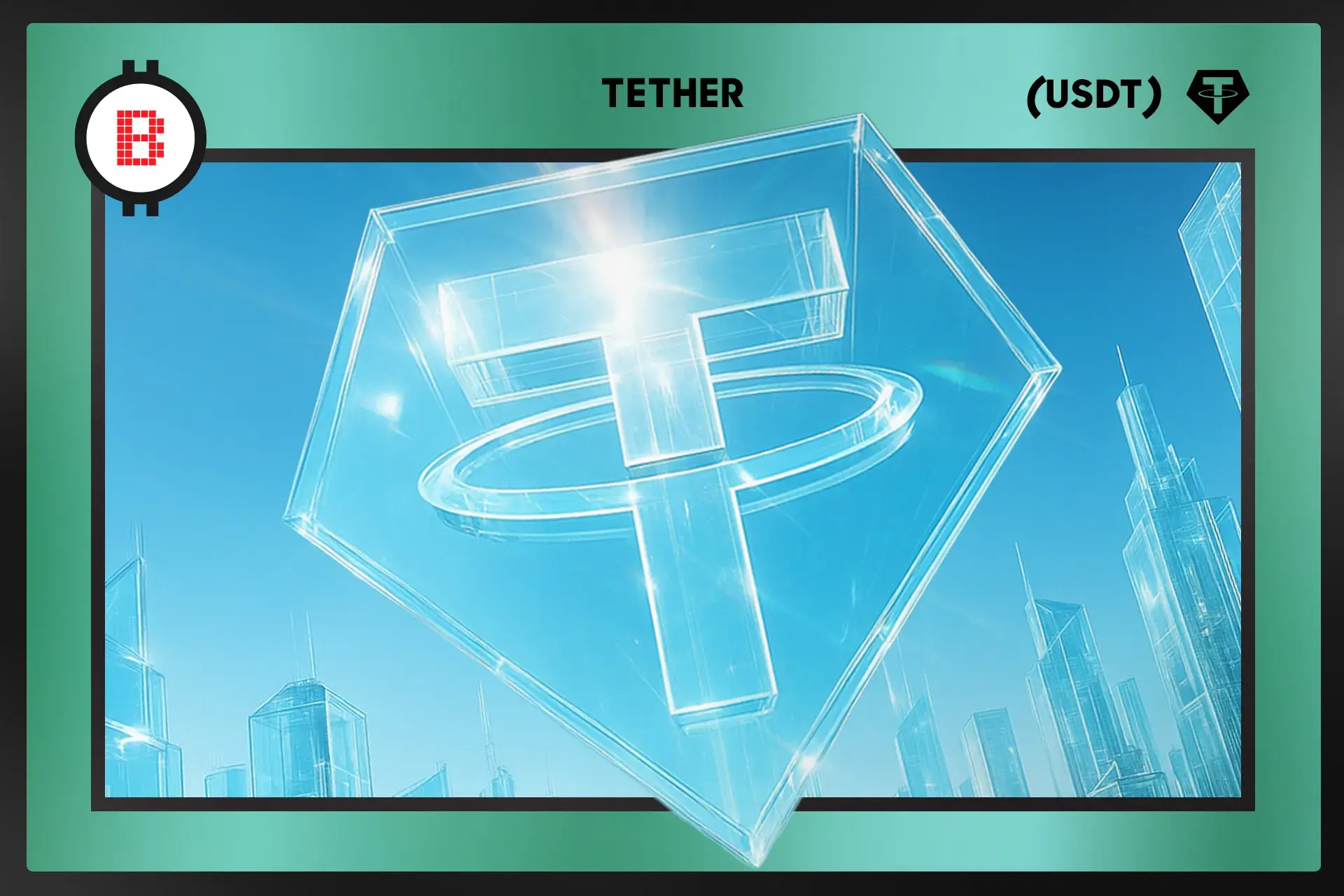 Bitstop card for Tether (USDT): a glass Tether logo floating over a bright city skyline