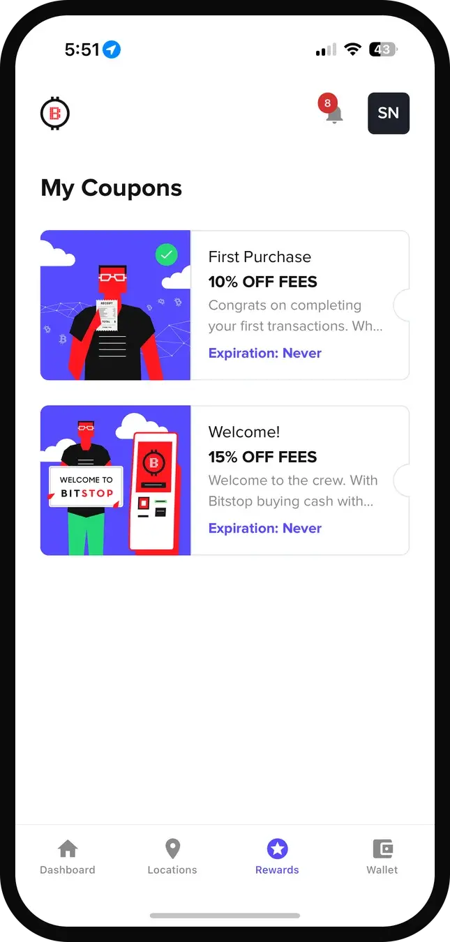 Bitstop app rewards screen showing coupons and fee discounts