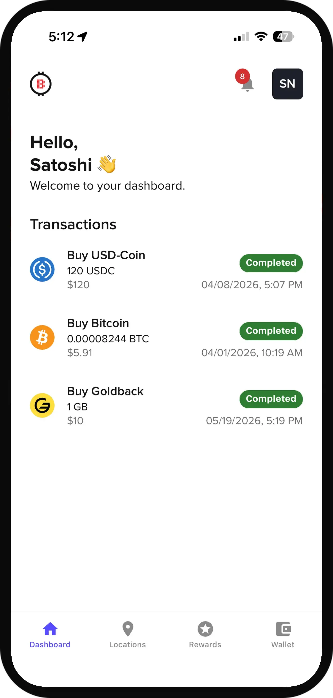Bitstop app dashboard with recent transactions