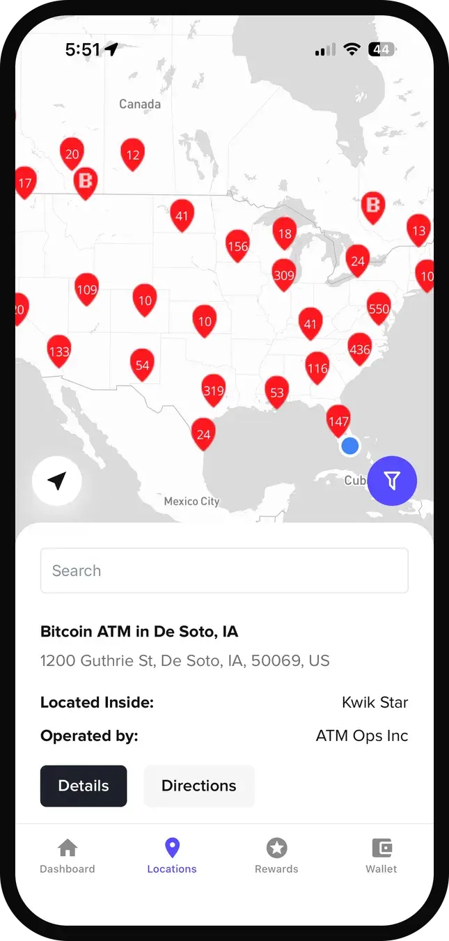 Bitstop app locations map showing nearby Bitcoin ATMs