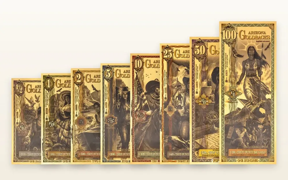 Arizona Goldback series: fanned set of gold notes