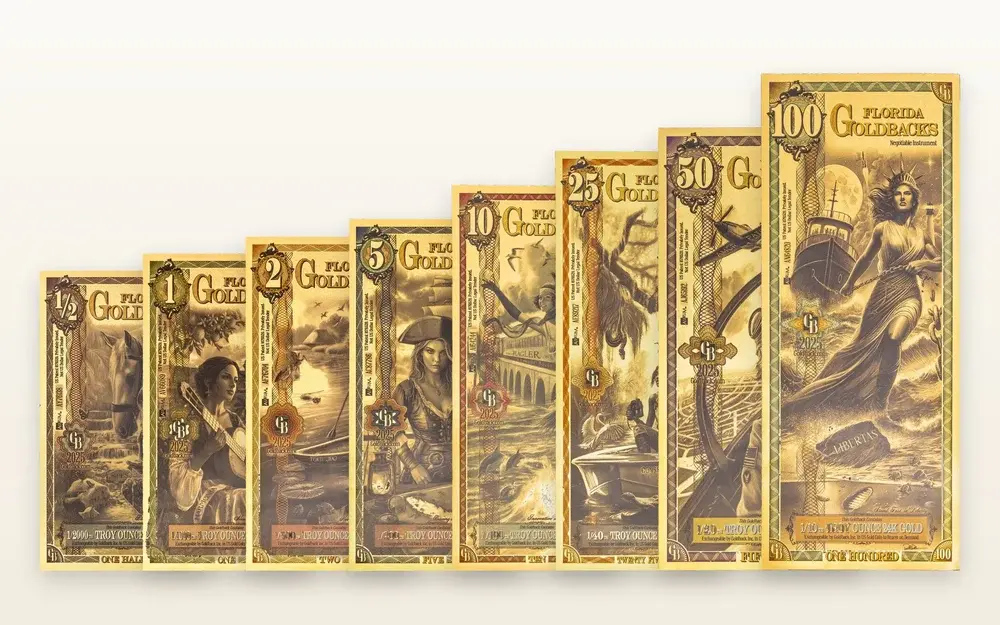 Florida Goldback series: fanned set of gold notes