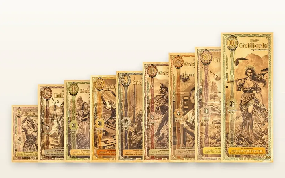 Idaho Goldback series: fanned set of gold notes