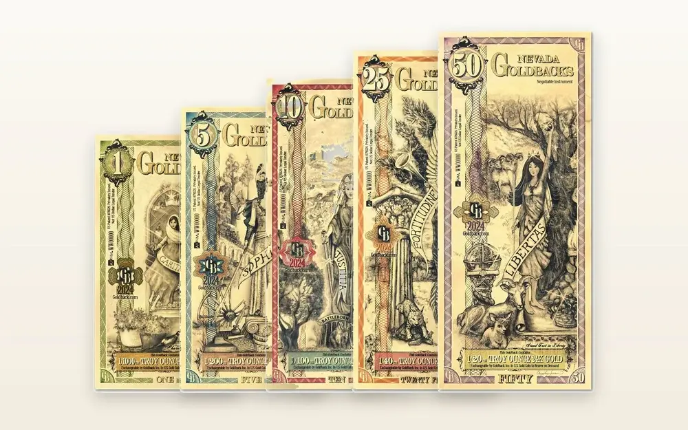 Nevada Goldback series: fanned set of gold notes