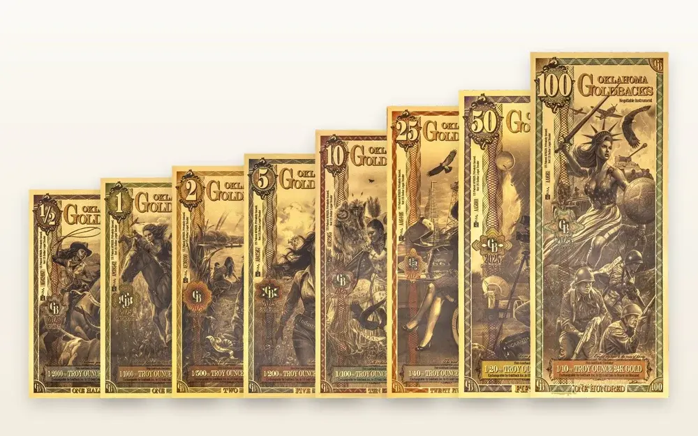 Oklahoma Goldback series: fanned set of gold notes