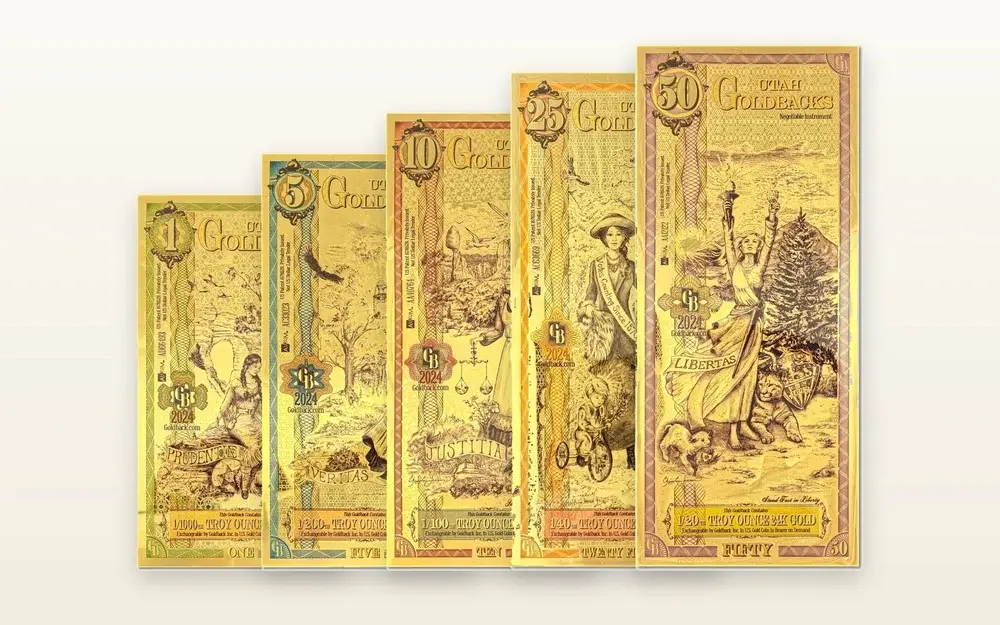 Utah Goldback series: fanned set of gold notes