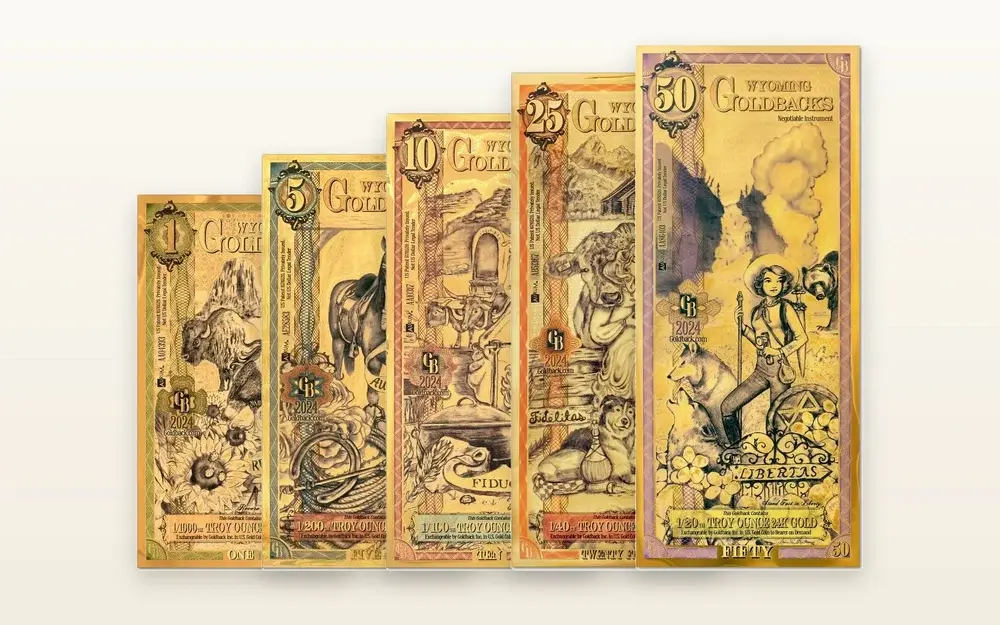 Wyoming Goldback series: fanned set of gold notes