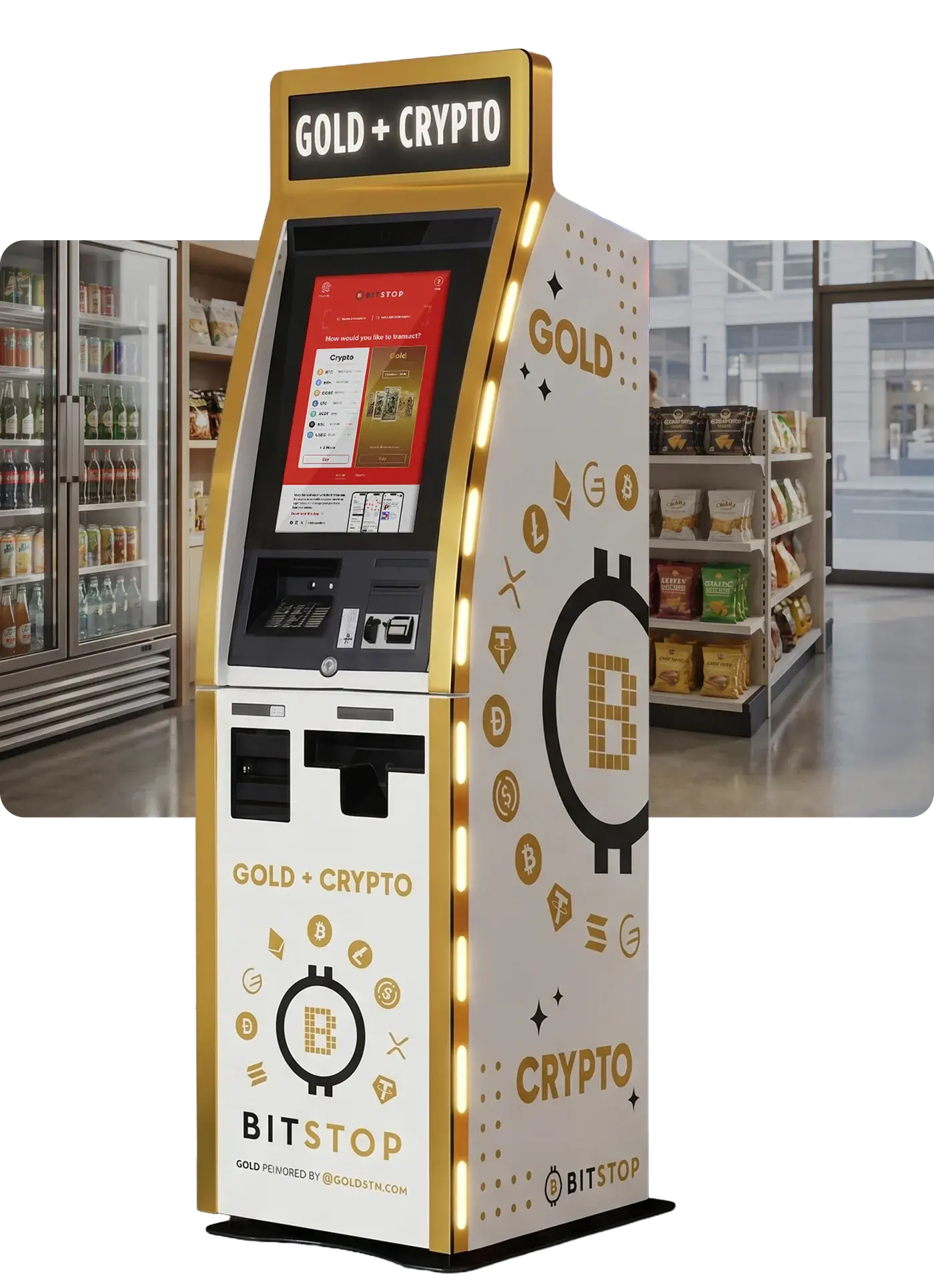 A Bitstop GOLD + CRYPTO ATM inside a convenience store