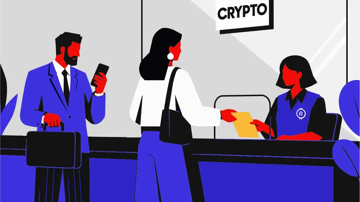 A customer buying crypto from a Bitstop teller at the counter