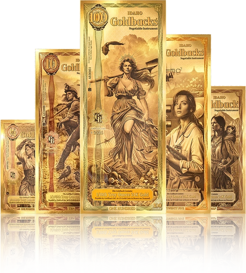 Five Idaho Goldback notes fanned out, quarter to 100 denominations