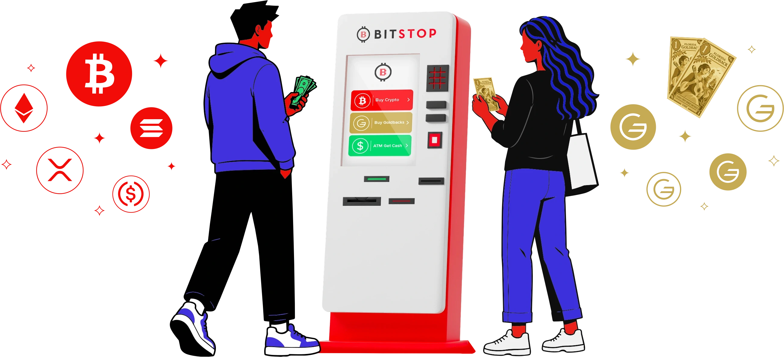 A Bitstop ATM between a customer buying crypto, surrounded by coin symbols, and a customer buying gold, surrounded by Goldback notes