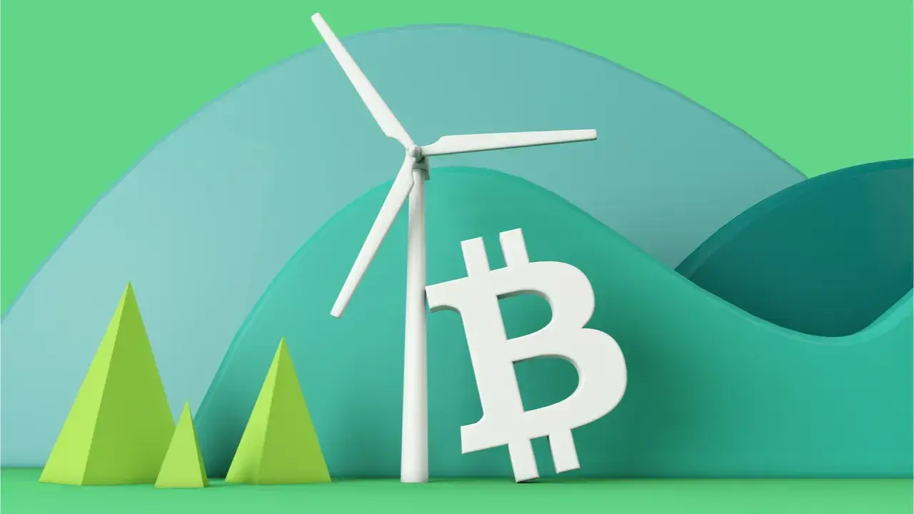 A white wind turbine beside a Bitcoin symbol in a green hillside landscape