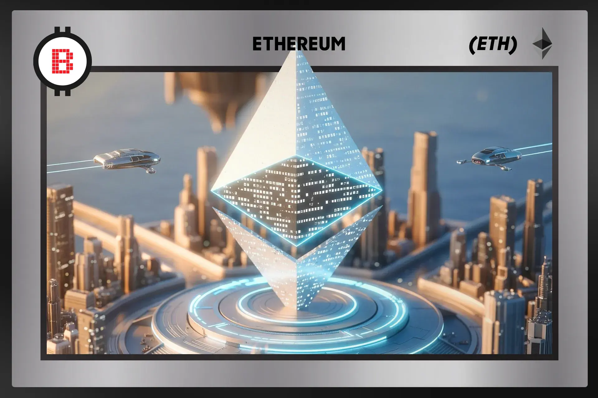 Glowing Ethereum symbol suspended above a futuristic city, representing decentralized innovation and ETH availability at Bitstop crypto ATMs.
