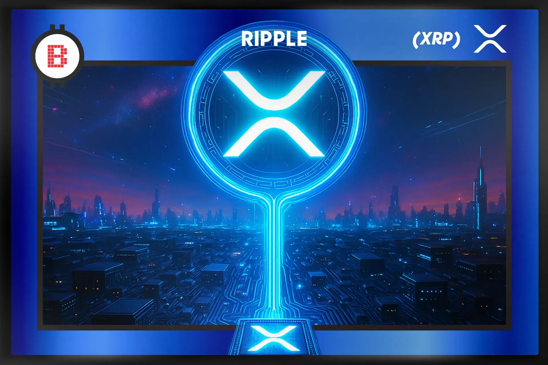 Futuristic Ripple (XRP) digital token glowing above a city grid, symbolizing fast and secure global payments, with Bitstop branding indicating XRP availability at Bitstop crypto ATMs.