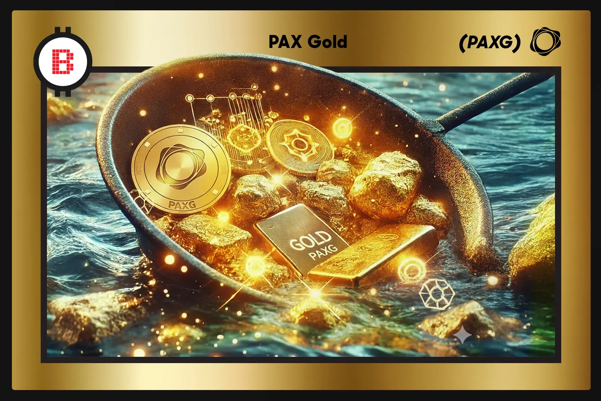 A futuristic gold pan filled with glowing PAXG tokens, gold bars, and gold nuggets floating in water, representing Pax Gold (PAXG), a blockchain-based cryptocurrency backed by physical gold.