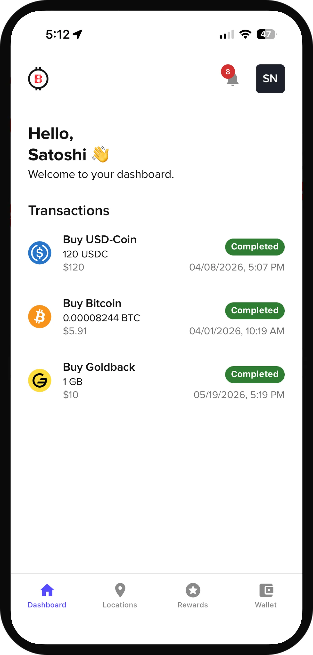 Bitstop app dashboard with recent transactions